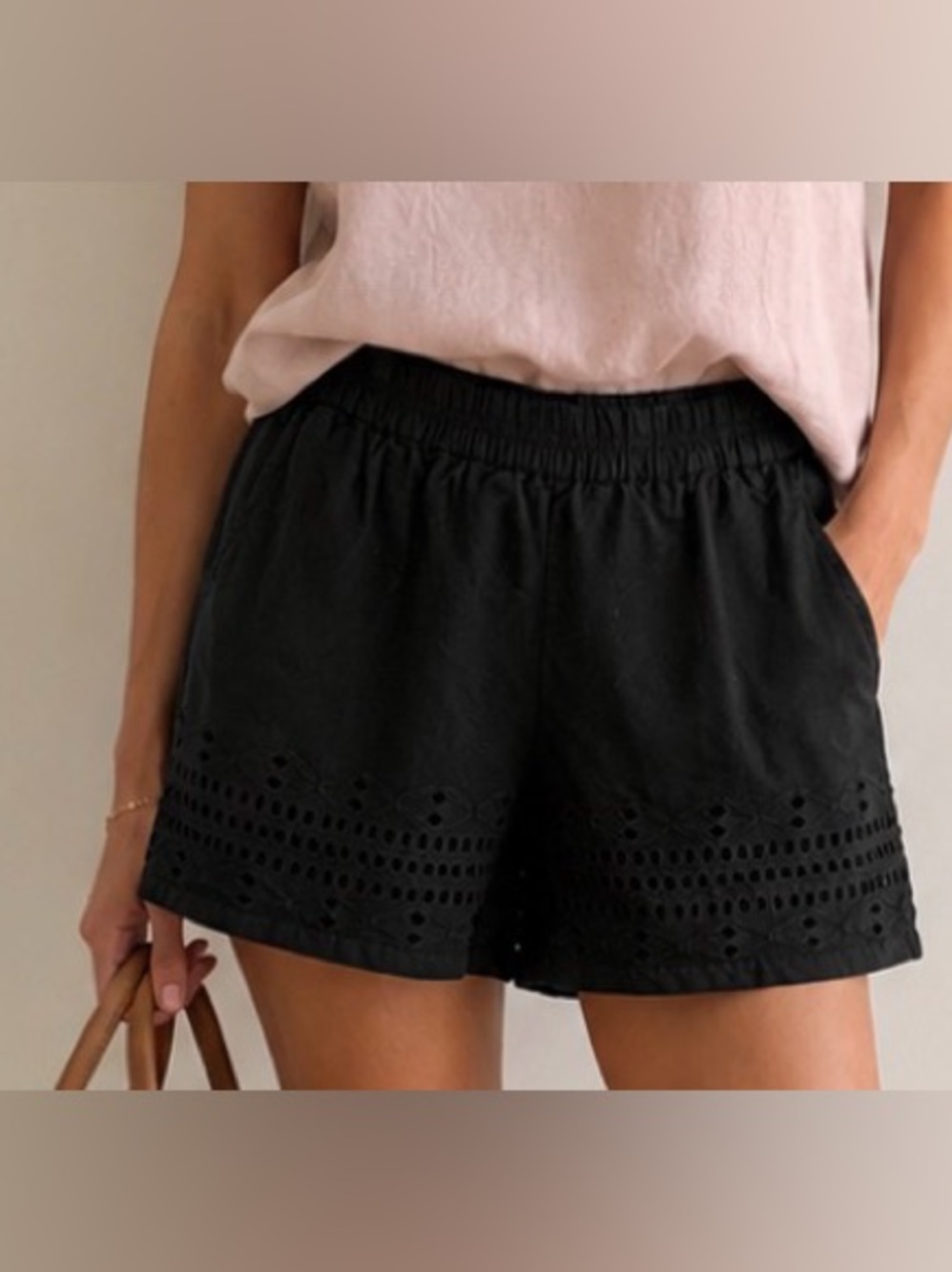 FALLS CREEK Black Cotton Pull On Eyelet Shorts Size M